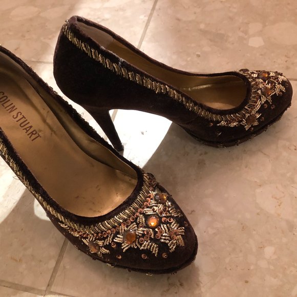 Brand New Colin Stuart Women's Beaded Embellished Suede Platform High Heels - Picture 2 of 6